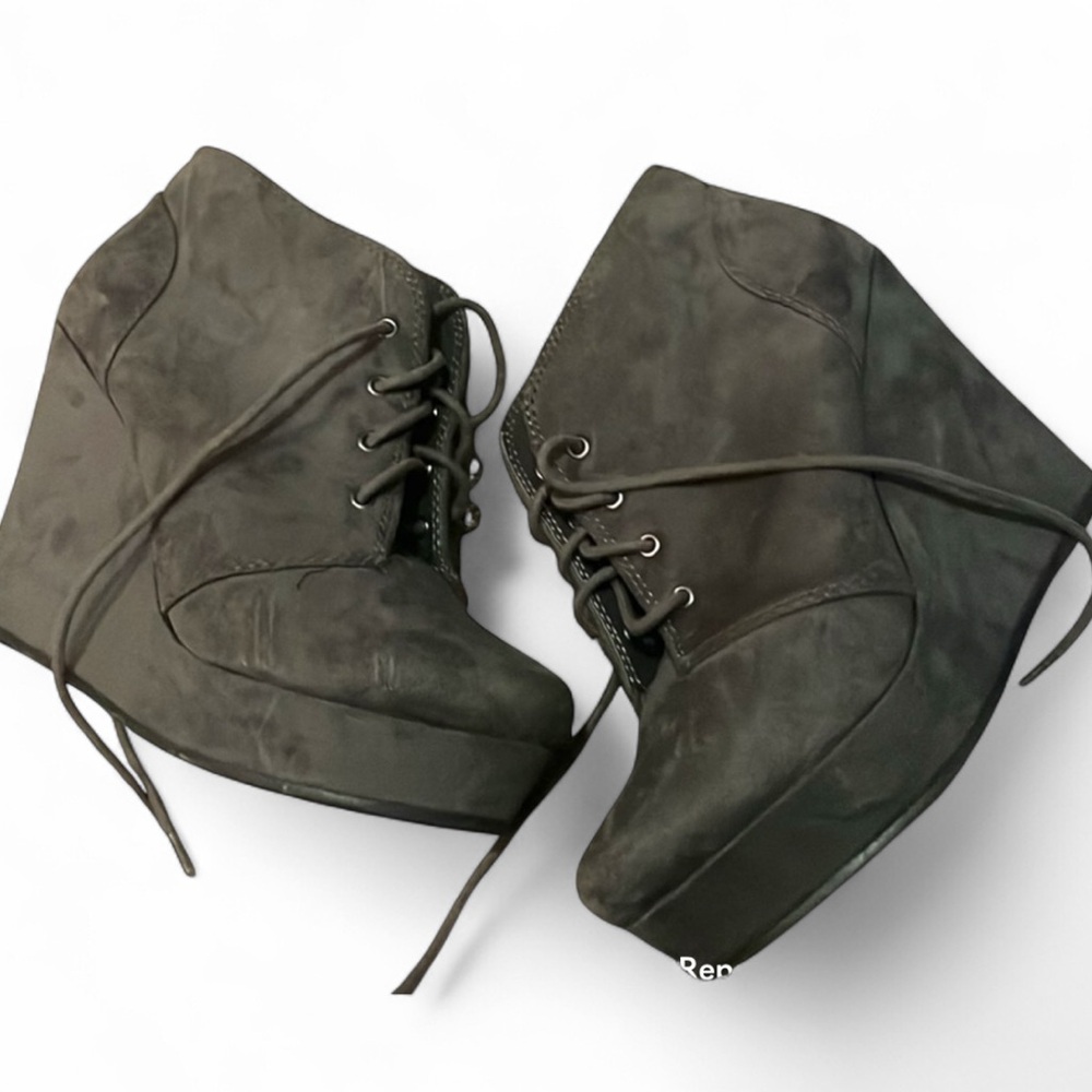 Black Suede Wedge Ankle Booties with Lace-Up Design